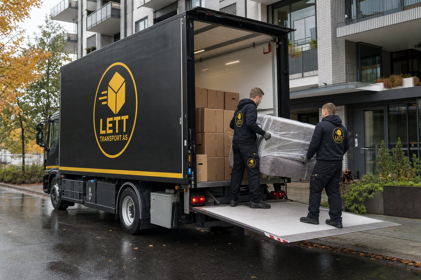 Flyttemannskap fra Lett Transport laster møbler inn i lastebilen.