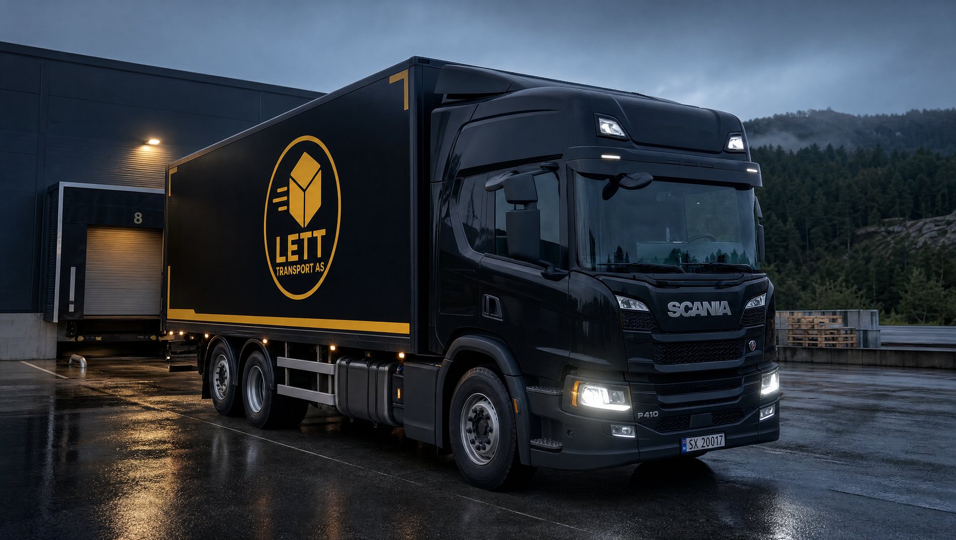 Lastebil fra Lett Transport AS ved lasterampe i skumringen.