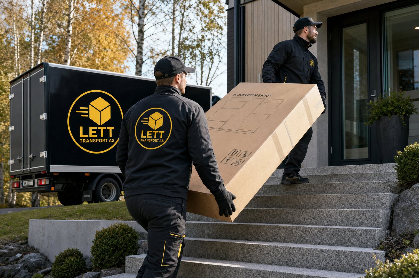 To ansatte fra Lett Transport bærer et kjøkkenskap opp trappa til en bolig.