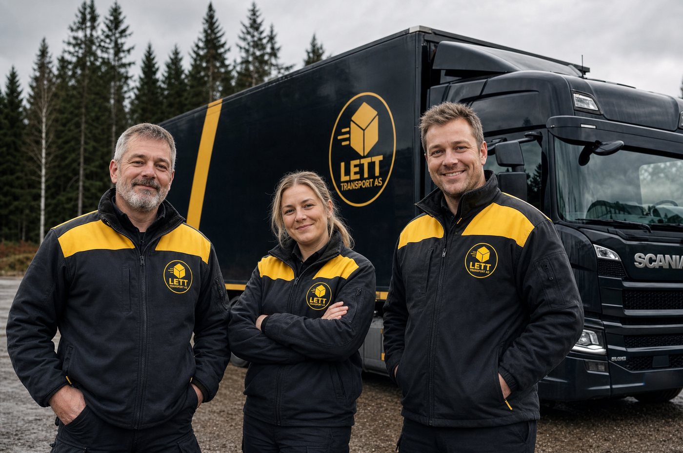 Sjåfører fra Lett Transport AS foran lastebilen.