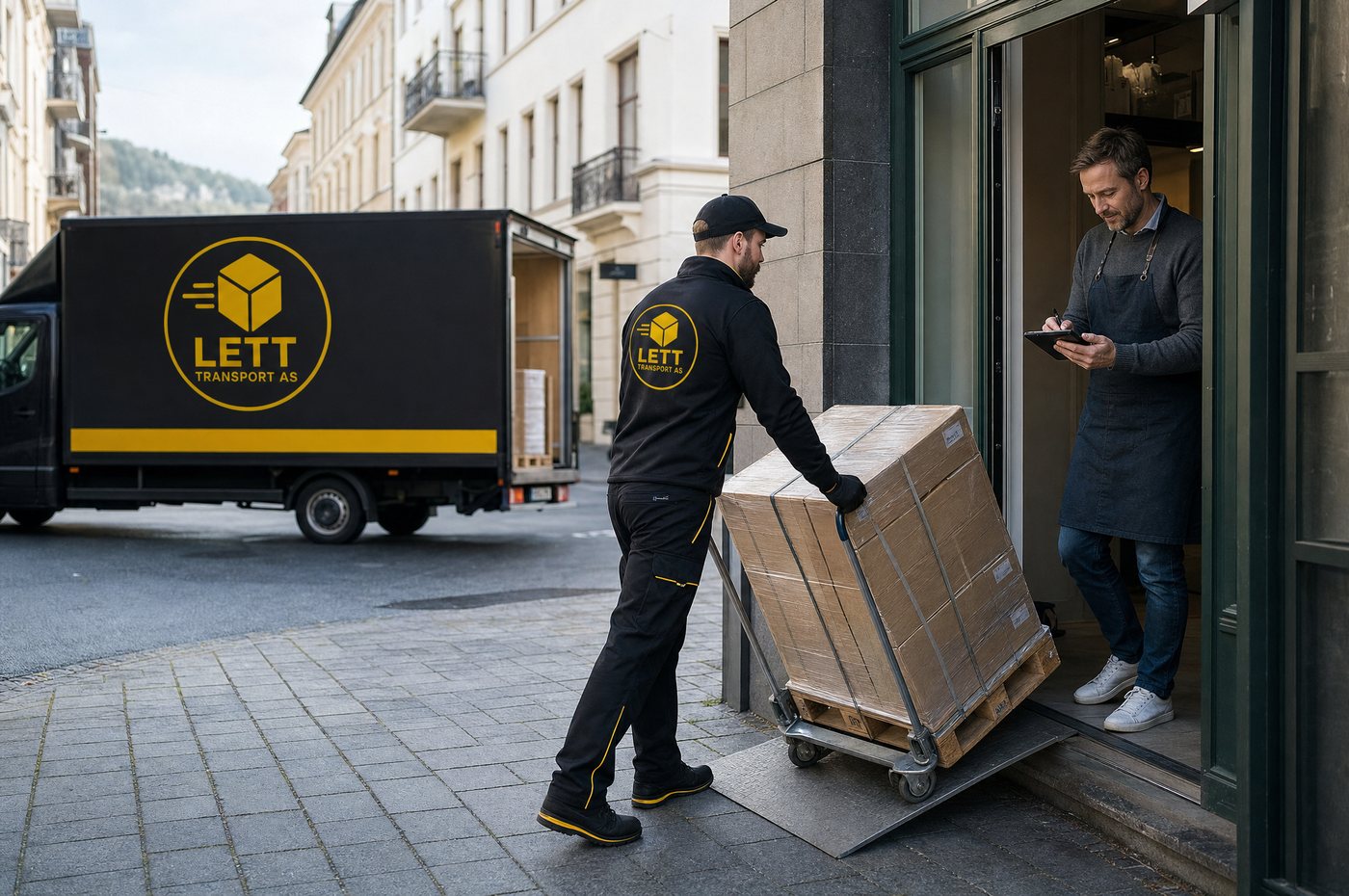 Sjåfør fra Lett Transport leverer varer på pall inn til en butikk.